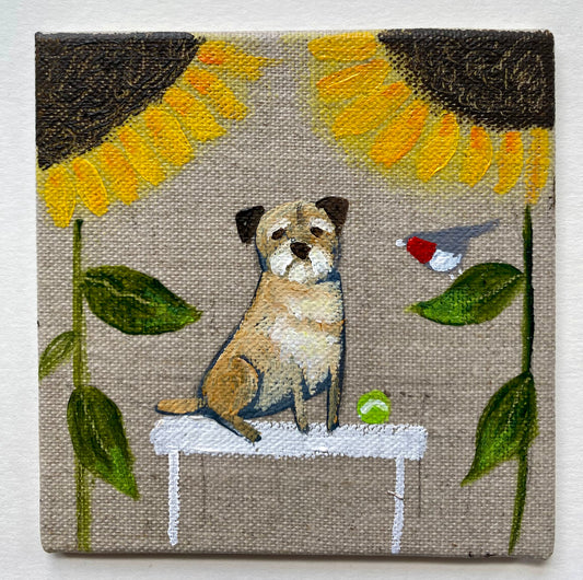 A Bench Between Two Sunflowers