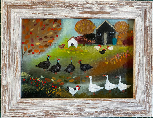 Guinea fowl , Geese and Hens in the Autumn Sun
