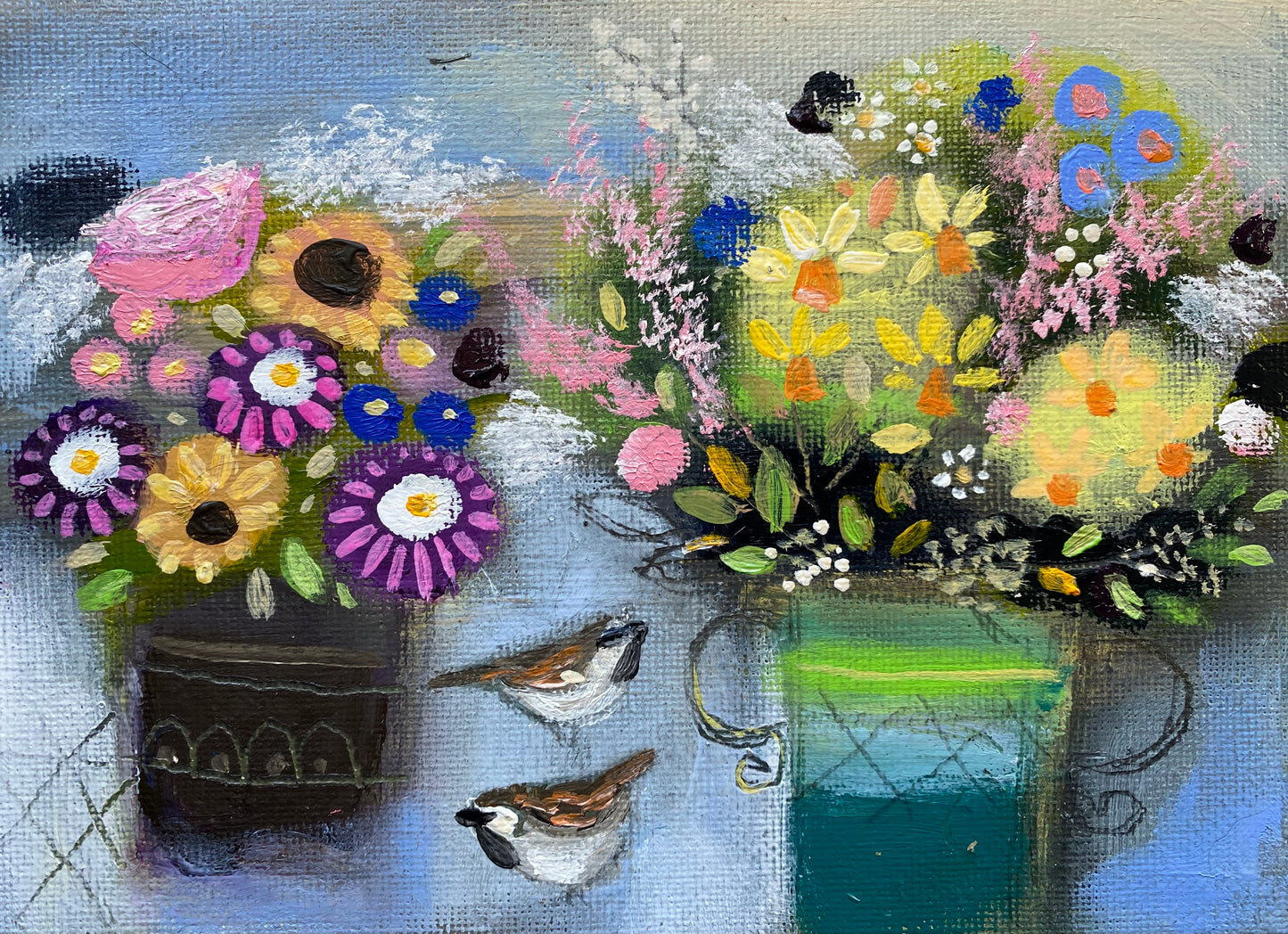 Spring Vases and Sparrows