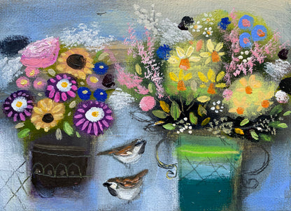 Spring Vases and Sparrows