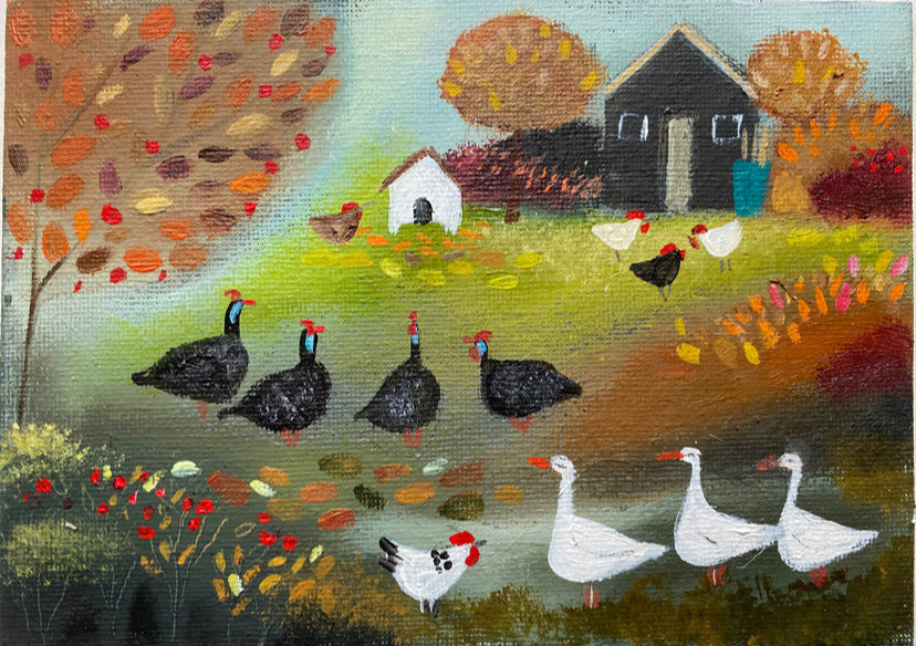 Guinea fowl , Geese and Hens in the Autumn Sun